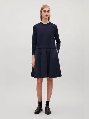 COS Navy Hybrid Knit‎ Woven Circle Skirt Dress XS Tencel Linen